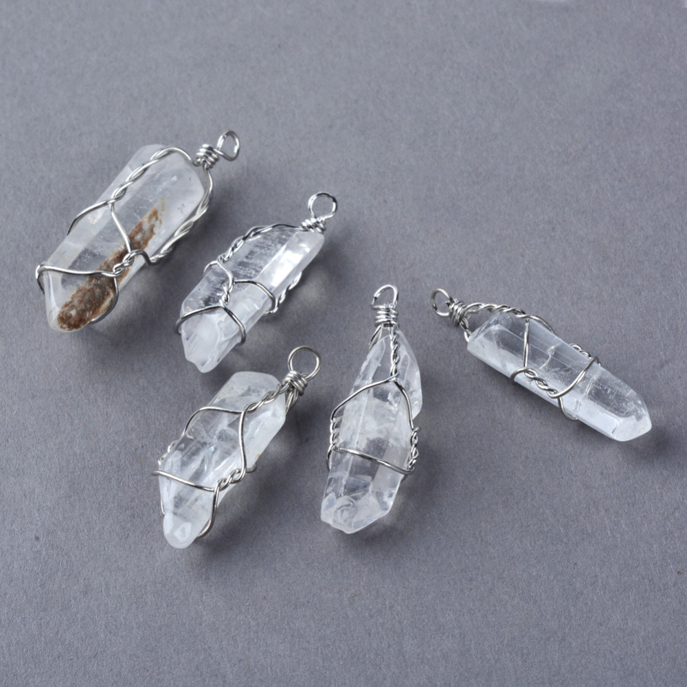 PandaHall Natural Crystal Pendants, Point Pendants, with Iron Wires, Platinum, 25~32x7~10x7~10mm, Hole: 2mm Quartz Crystal Others Clear