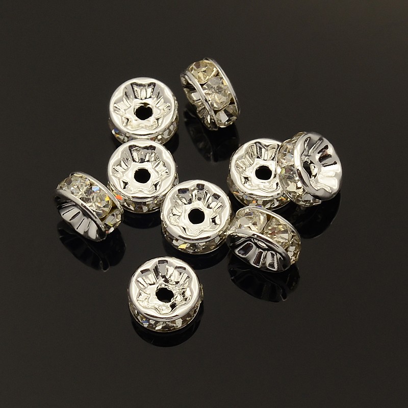 PandaHall Brass Rhinestone Spacer Beads, Grade A, Straight Flange, Silver Metal Color, Rondelle, Crystal, 8mm Brass+Rhinestone Rondelle