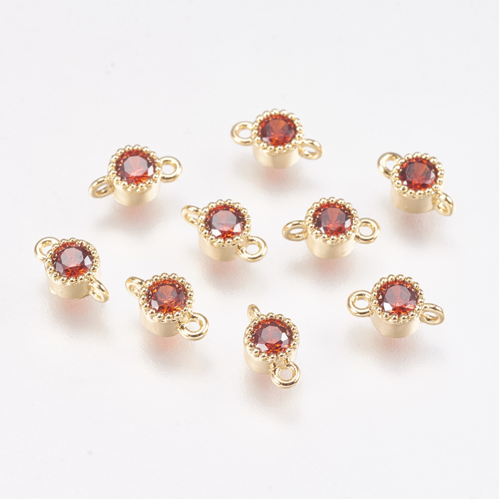 PandaHall Brass Cubic Zirconia Links, Flat Round, Real Gold Plated, Red, 7x3.9x2.5mm, Hole: 0.5mm Brass+Cubic Zirconia Flat Round Red