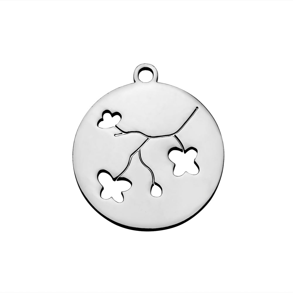 PandaHall 304 Stainless Steel Pendants, Flat Round with Flower, Stainless Steel Color, 20x18x1.1mm, Hole: 1.5mm Stainless Steel Flat Round