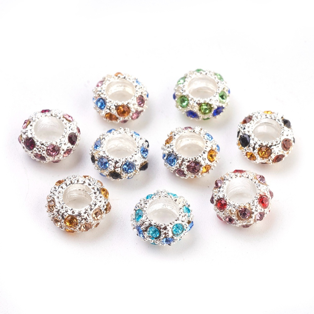 PandaHall Alloy European Beads, with Rhinestone Beads, Rondelle, Silver Metal Color, Mixed Color, 11x5.5mm, Hole: 5mm Rondelle