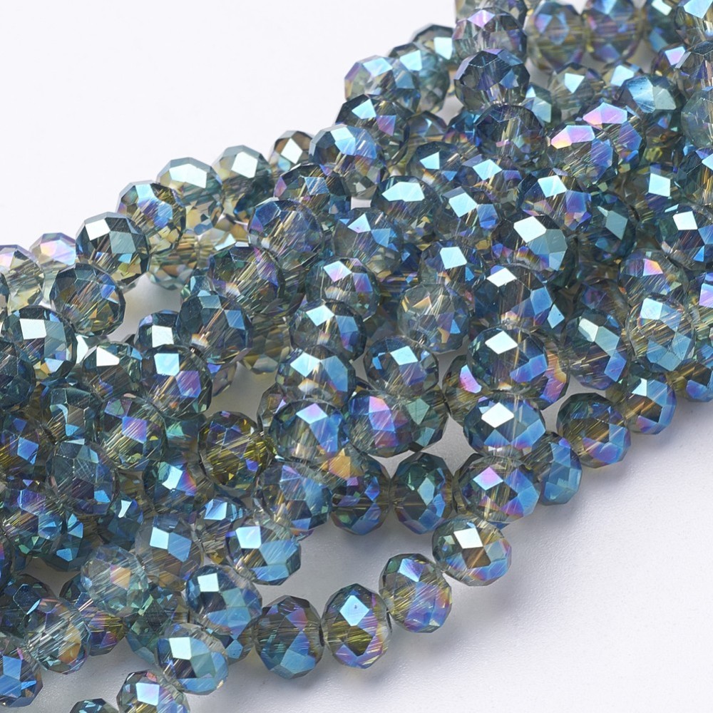 PandaHall Electroplate Glass Beads Strands, Faceted Rondelle, Turquoise, 6x4mm, Hole: 1mm; about 100pcs/strand, 18.1" Glass Rondelle Green