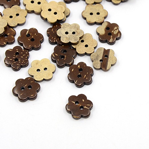 PandaHall Coconut Buttons, 2-Hole, Flower, CoconutBrown, 13x15x3mm, Hole: 1.5mm Coconut Flower Brown