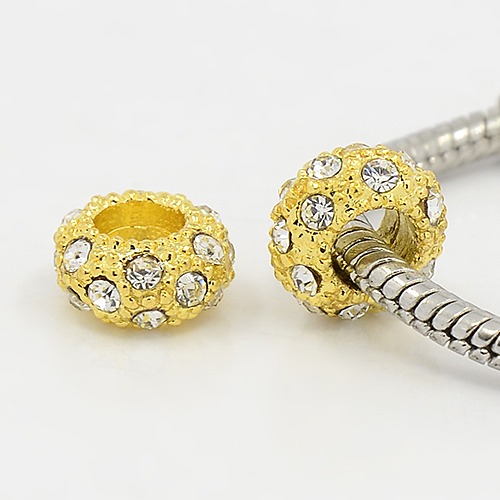 PandaHall Alloy Rhinestone European Beads, Large Hole Beads, Golden Metal Color, Crystal, 11x6mm, Hole: 5mm Rondelle Clear