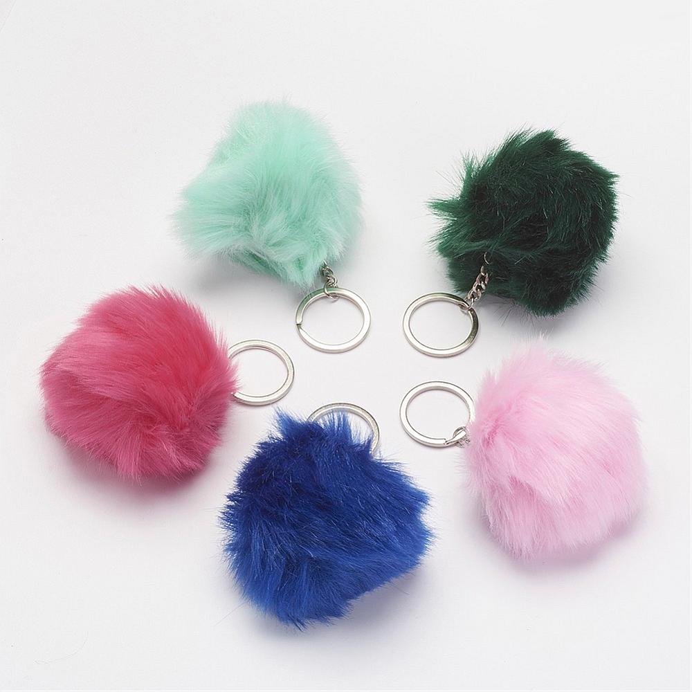 PandaHall Key Chain, with Iron Key Ring and Imitation Rabbit Hair, Platinum, Mixed Color, 115mm Iron Round Multicolor