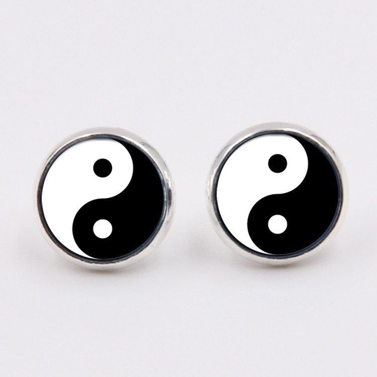 PandaHall Glass Stud Earrings, with Brass Findings, Flat Round with Yin Yang, Black, 14x5mm, Pin: 0.7mm Glass Silver