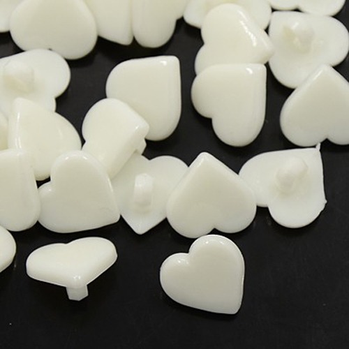 PandaHall Acrylic Shank Buttons, Lovely Heart Button for Costume Design, 1-Hole, Dyed, White, 12x12x2mm, Hole: 3mm Acrylic Heart White