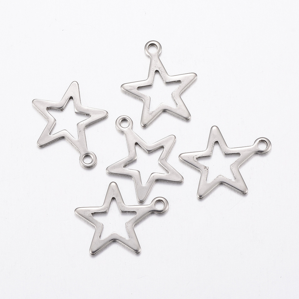 PandaHall 304 Stainless Steel Charms, Hollow Star, Stainless Steel Color, 14.5x12.5x0.8mm, Hole: 1.2mm Stainless Steel Star