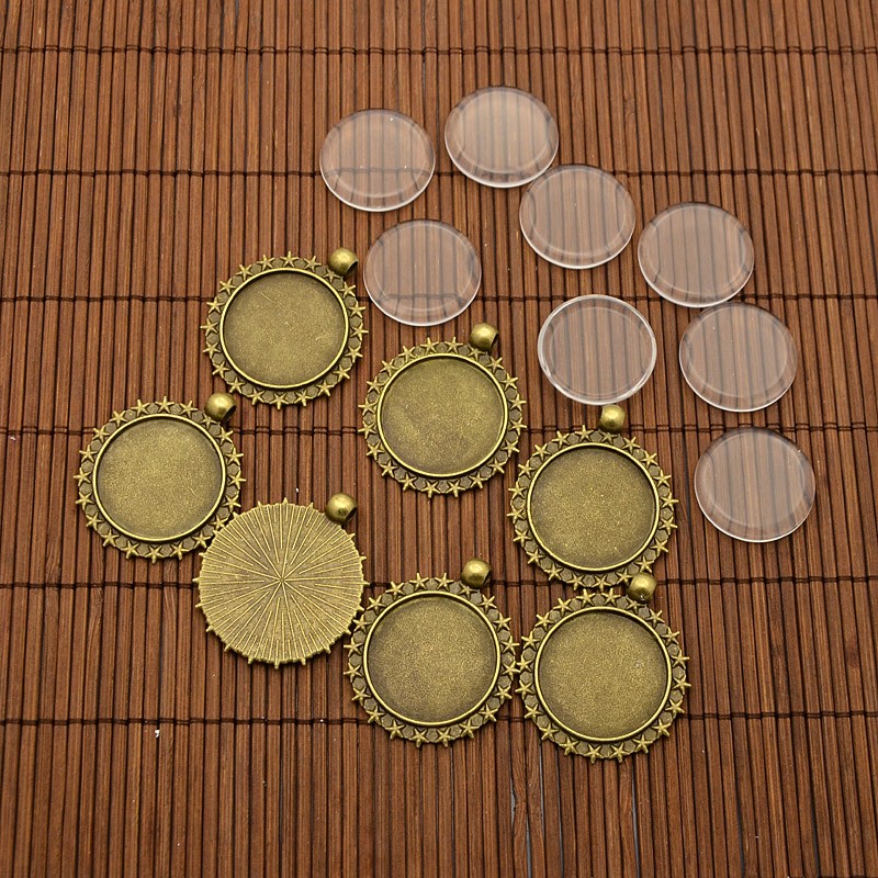 PandaHall Dome Transparent Glass Cabochons and Alloy with star Pendant Cabochon Settings for DIY, Antique Bronze, Tray: 25mm; Pendant...