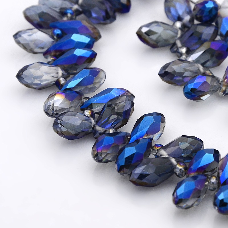 PandaHall Half Plated Faceted Drop Electroplate Glass Pendants Beads Strands, Blue Plated, 12x6mm, Hole: 1mm; about 100ps/strand, 15.5"...