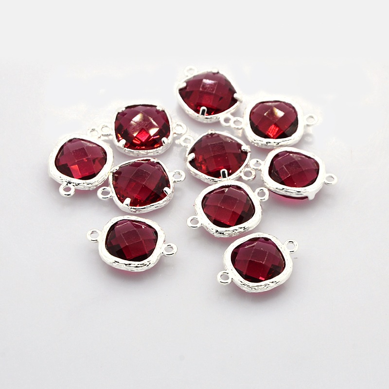 PandaHall Nickel Free Silver Tone Brass Glass Links, Square, Red, 18x13x5mm, Hole: 1mm Glass Square Red