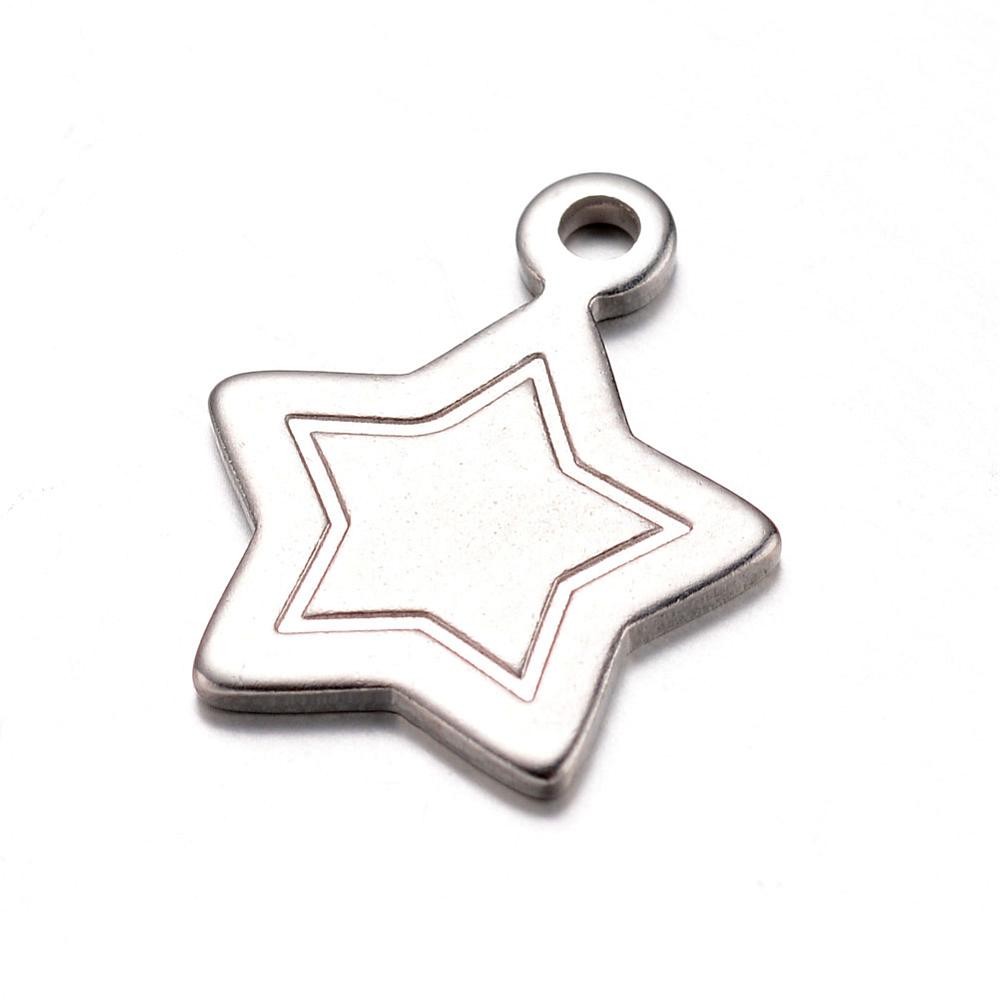 PandaHall 304 Stainless Steel Charms, Heart, Tag Charms, Stainless Steel Color, 16.5x13.5x1mm, Hole: 1.5mm Stainless Steel Star