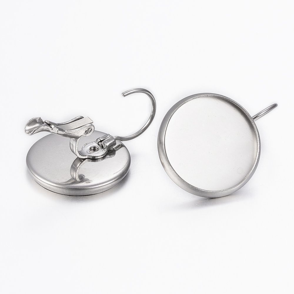 PandaHall 304 Stainless Steel Leverback Earring Findings, Flat Round, Stainless Steel Color, 21x14mm, Pin: 0.8mm, Tray: 12mm Stainless Steel