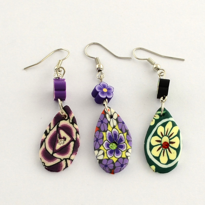 PandaHall Polymer Clay Drop with Flower Pattern Dangle Earrings, with Iron Earring Hooks, Platinum, Mixed Color, 60x14x3mm Polymer Clay...