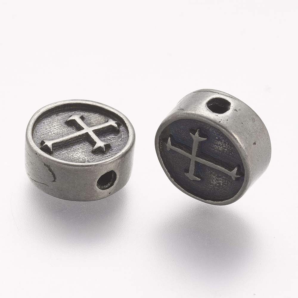 PandaHall 304 Stainless Steel Beads, Flat Round with Cross, Antique Silver, 11x4.5mm, Hole: 2mm Stainless Steel Flat Round