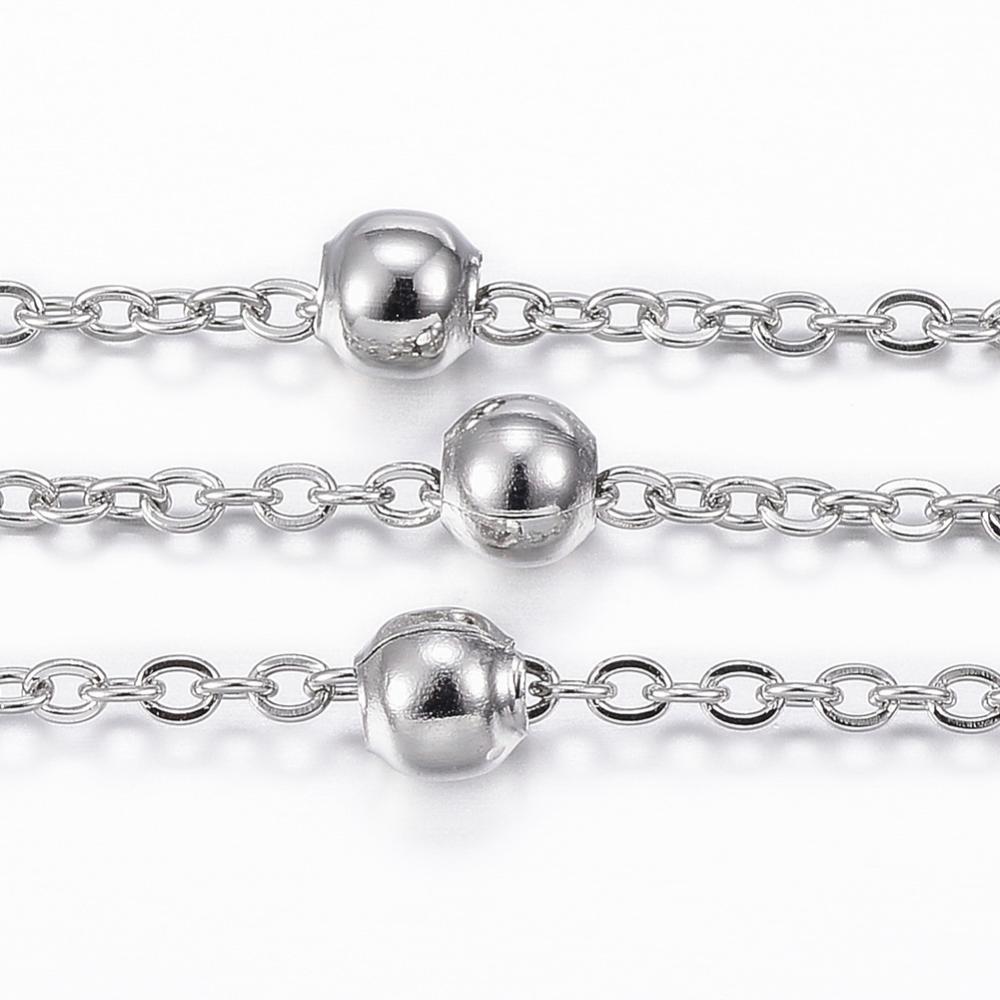 PandaHall 304 Stainless Steel Cable Chains, with Spool, Steel Beads, Stainless Steel Color, 2x1.5x0.2mm; about 10m/roll Stainless Steel