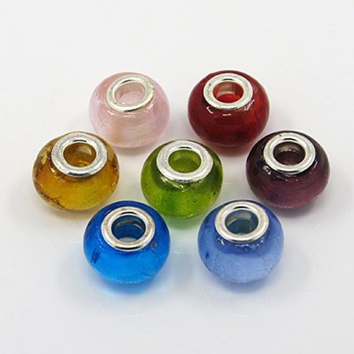 PandaHall Handmade European Beads, Silver Foil Glass, Silver Color Brass Core, Rondelle, Mixed Color, about 14mm wide, 11mm long, hole: 5mm...