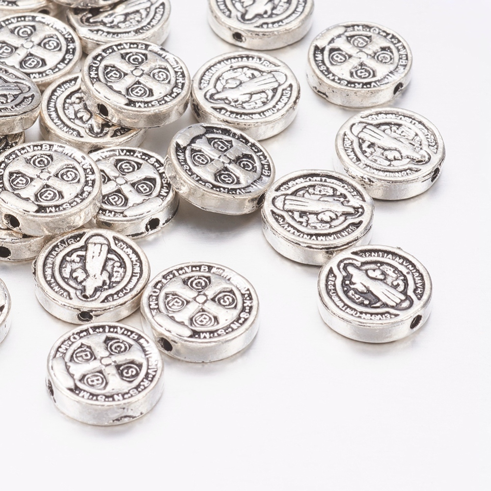 PandaHall Antique Silver Tone Saint Benedict Medal Tibetan Style Beads, Lead Free, Flat Round, 10x2.5mm, Hole: 1mm Alloy Flat Round