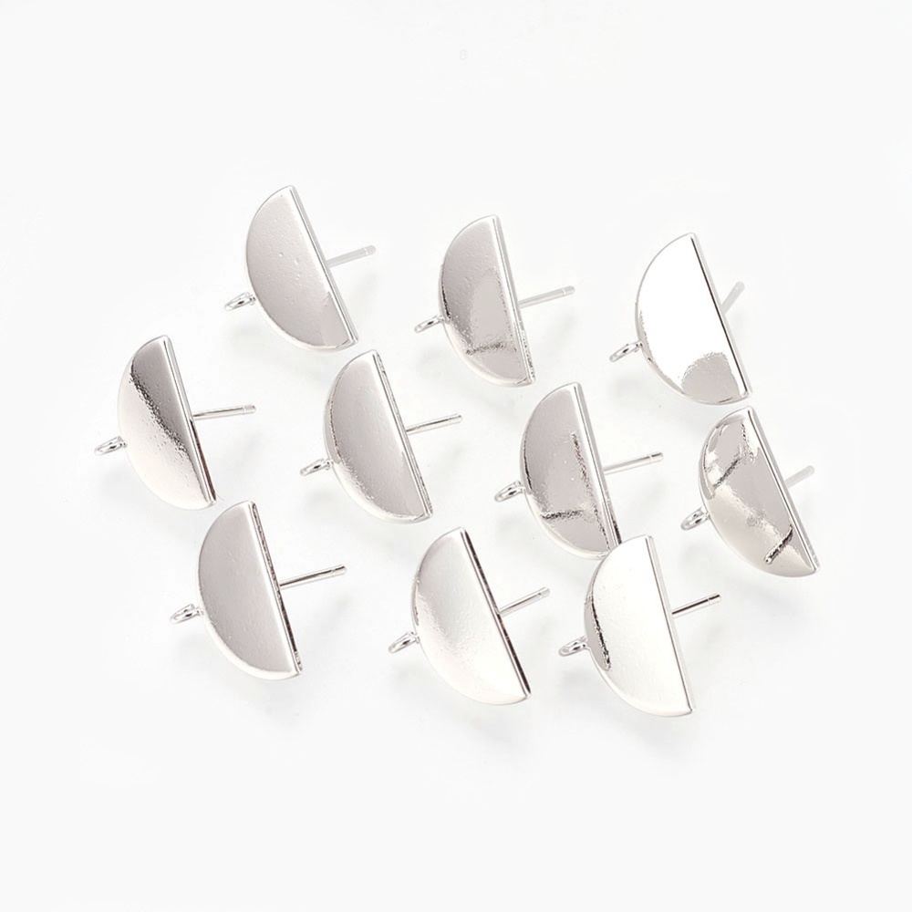 PandaHall Brass Stud Earring Findings, Nickel Free, Semicircle, Real Platinum Plated, 12x16x3mm, Hole: 1.8mm; Pin: 0.8mm Brass