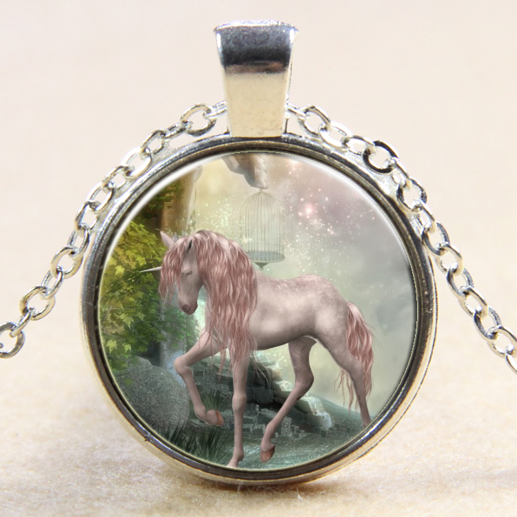 PandaHall Unicorn Pattern Flat Round Glass Pendant Necklaces, with Alloy Chains, Silver, 18" Alloy