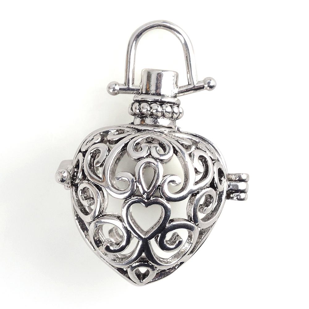 PandaHall Rack Plating Brass Cage Pendants, For Chime Ball Pendant Necklaces Making, Hollow Heart, Antique Silver, 29x25x20mm, Hole: 5x6mm;...