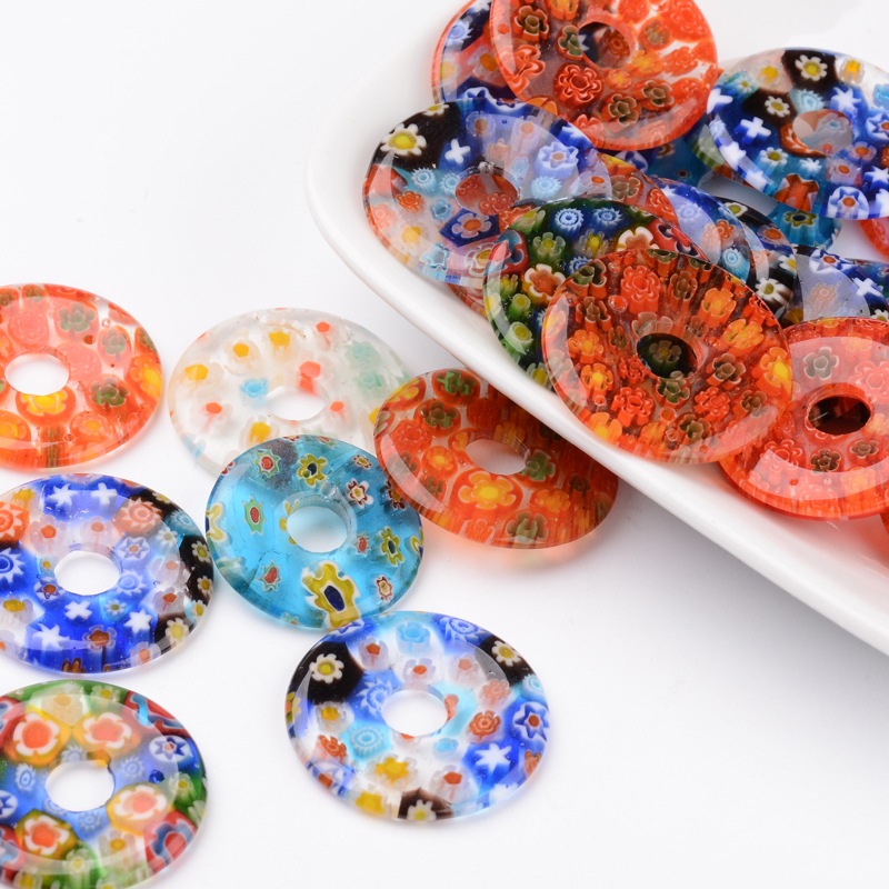 PandaHall Donut/Pi Disc Handmade Millefiori Glass Pendants, Mixed Color, 20~25x2~4mm, Hole: 6mm Millefiori Lampwork Donut Multicolor