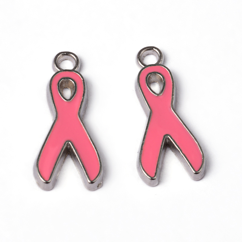 PandaHall Breast Cancer Pink Awareness Ribbon Alloy Enamel Pendants, Lead Free and Cadmium Free, Platinum Metal Color, 19x8x1mm, Hole: 3mm...