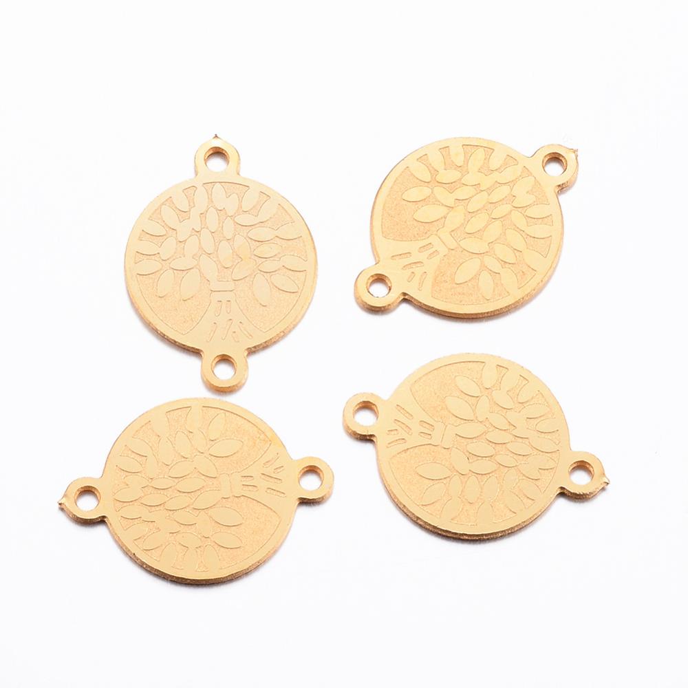 PandaHall 304 Stainless Steel Links, Flat Round with Tree, Golden, 16x11x0.8mm, Hole: 1mm Stainless Steel Flat Round