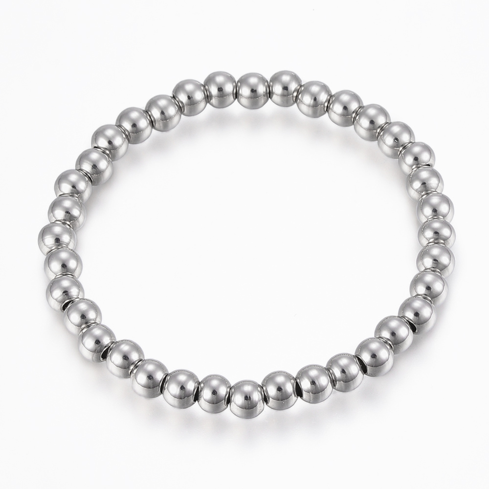 PandaHall 304 Stainless Steel Beaded Stretch Bracelets, Round, Stainless Steel Color, 2-1/8"(55mm Stainless Steel