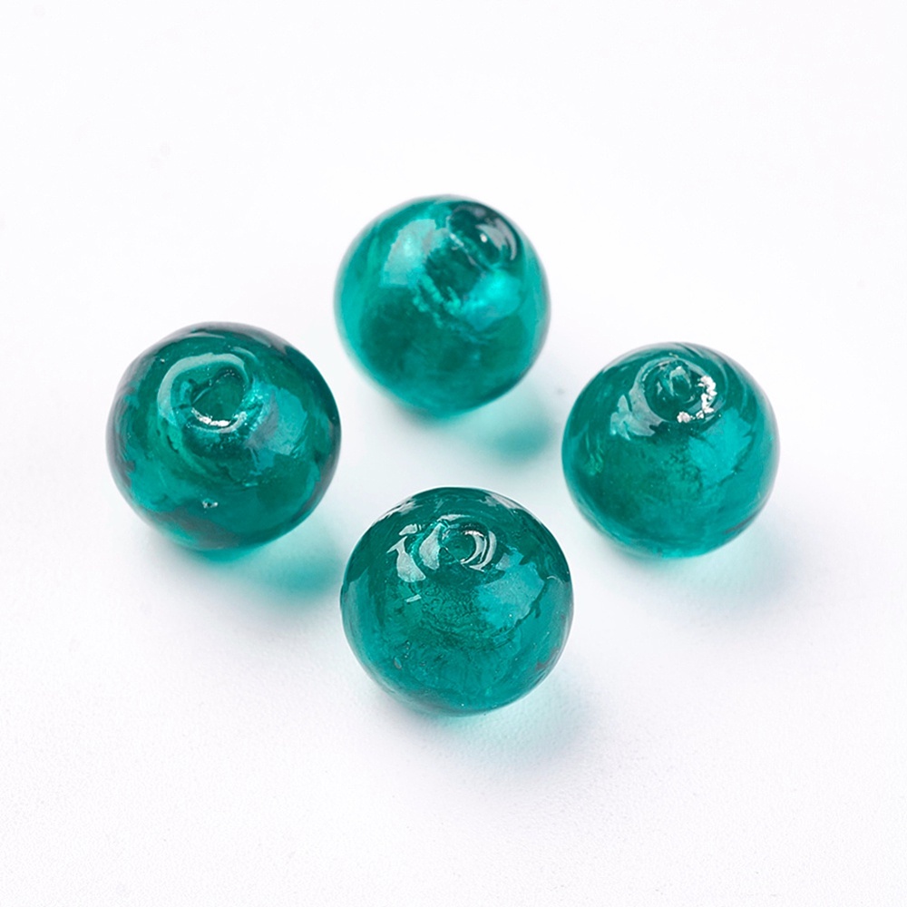 PandaHall Handmade Silver Foil Glass Beads, Round, Teal, about 10mm in diameter, hole: 1.5mm Silver Foil Round Cyan