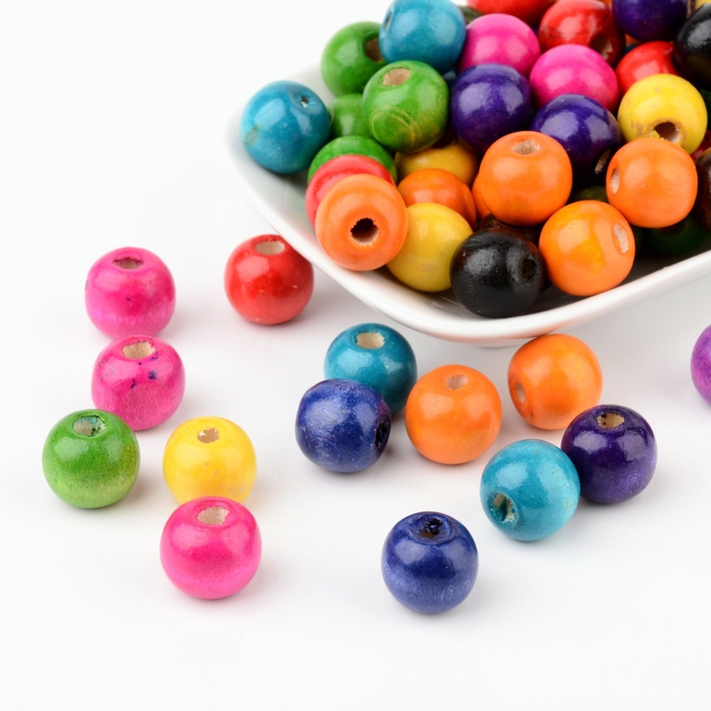 PandaHall 100PCS Mixed Lead Free Round Wood Beads, Dyed, Nice for Children's Day Gift Making, about 14mm wide, about 13mm high, hole: 4mm...
