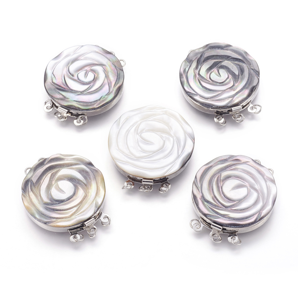 PandaHall Black Lip Shell Box Clasps, Multi-Strand Clasps, with Platinum Tone Brass Findings, Rose, 38x31~33x6~6.5mm, Hole: 2mm Shell Flower