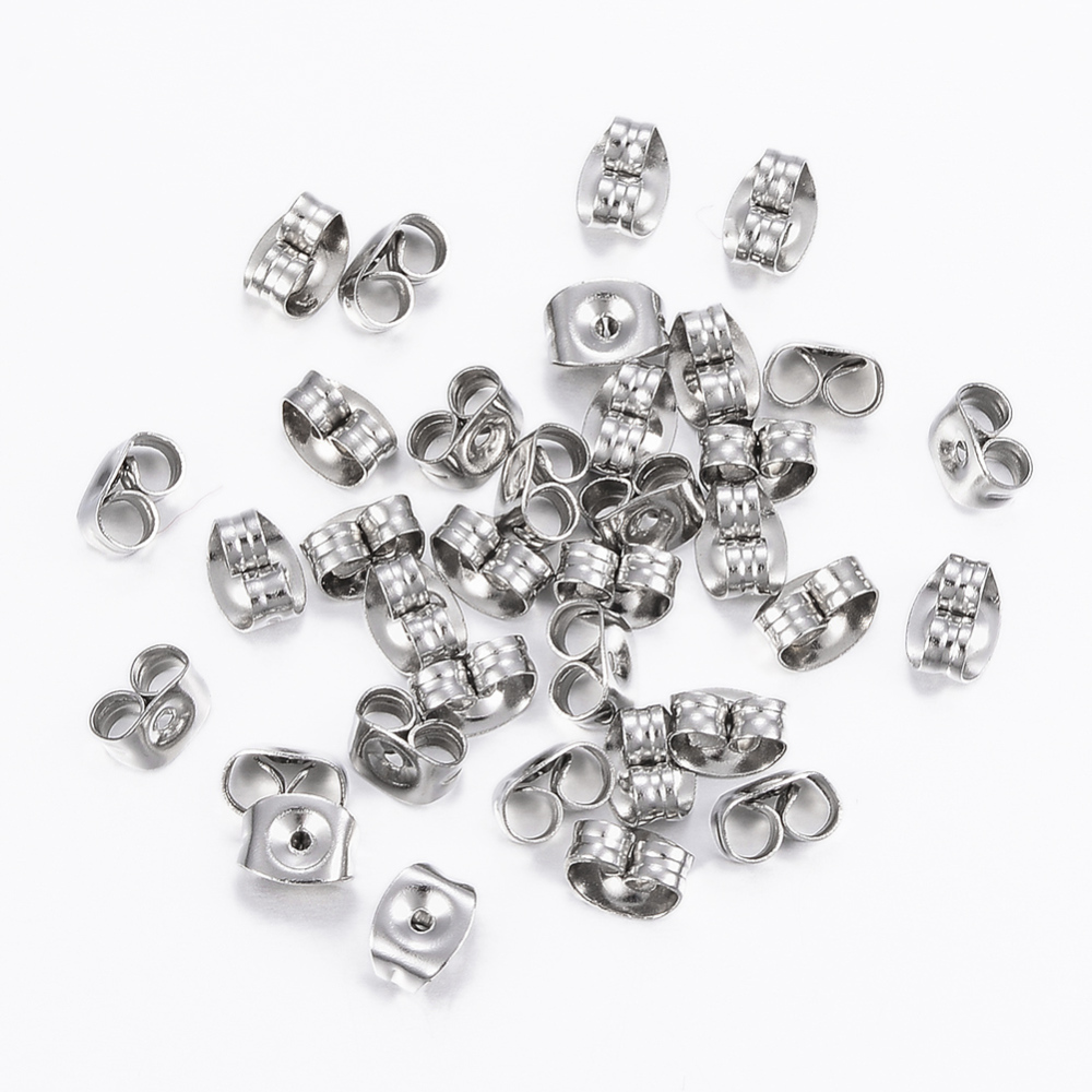 PandaHall 304 Stainless Steel Ear Nuts, Stainless Steel Color, 6x4.5x3.5mm; Pin: 0.9mm Stainless Steel