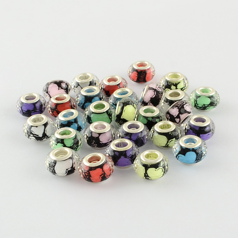 PandaHall Large Hole Heart Pattern Acrylic European Beads, with Silver Tone Brass Double Cores, Faceted Rondelle, Mixed Color, 14x9mm, Hole...