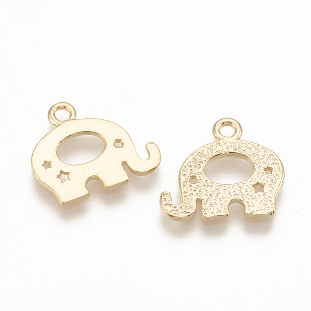 PandaHall Brass Charms, Elephant, Real Gold Plated, 11.5x13x1mm, Hole: 1mm Brass Elephant