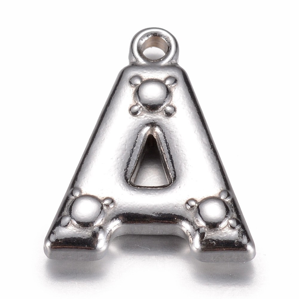 PandaHall 304 Stainless Steel Charms, Letter.A, 15.5x13x3mm, Hole: 1mm Stainless Steel Alphabet