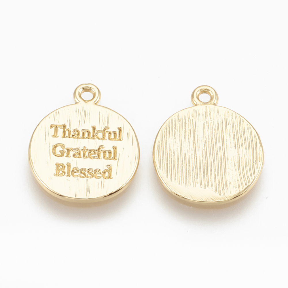 PandaHall Brass Charms, Flat Round with Thankful Grateful Blessed, Real Gold Plated, 13x11x1mm, Hole: 1mm Brass Flat Round
