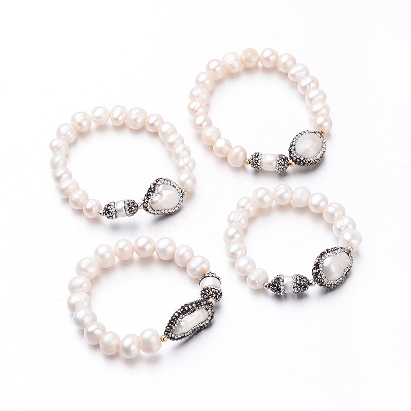 PandaHall Round Pearl Stretch Bracelets, with Rhinestone and Brass Findings, Mixed Color, 45~54mm Pearl