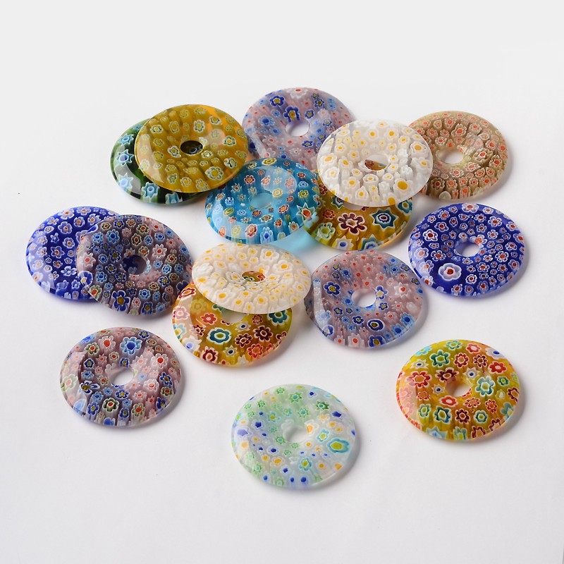 PandaHall Donut Millefiori Glass Pendants, Mixed Color, 38~40x5~6mm, Hole: 8mm Millefiori Lampwork Donut Multicolor