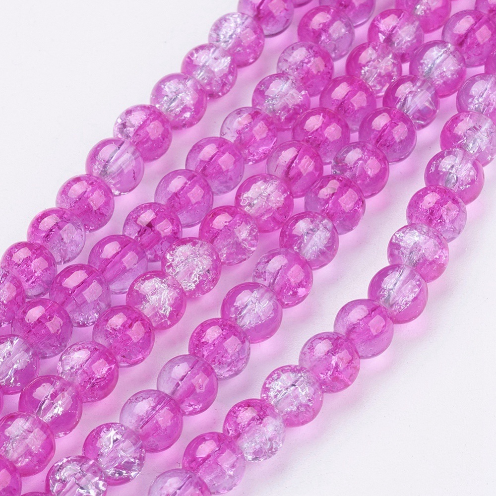 PandaHall Crackle Glass Beads Strands, Round, Magenta, 6mm, Hole: 1.3~1.6mm; about 133pcs/strand, 31.4" Round Pink