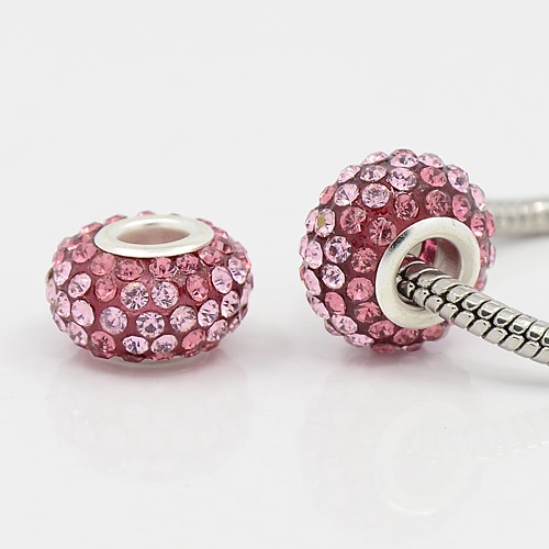 PandaHall Silver Plated Brass Double Core Two Tone Grade A Rhinestone Resin Rondelle European Beads for Charm Bracelets, Rose, 15x9mm, Hole...