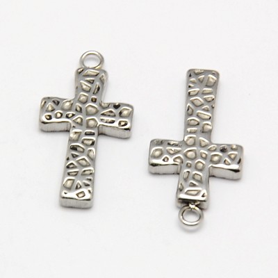 PandaHall 304 Stainless Steel Pendants, Hammered Cross, Stainless Steel Color, 25x12.5x2.5mm, Hole: 2mm Stainless Steel Cross