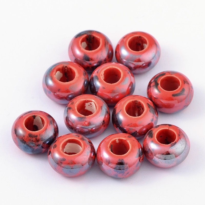 PandaHall Handmade Porcelain Beads, Pearlized, Rondelle, Red, 15x10mm, Hole: 6mm Porcelain Rondelle Red