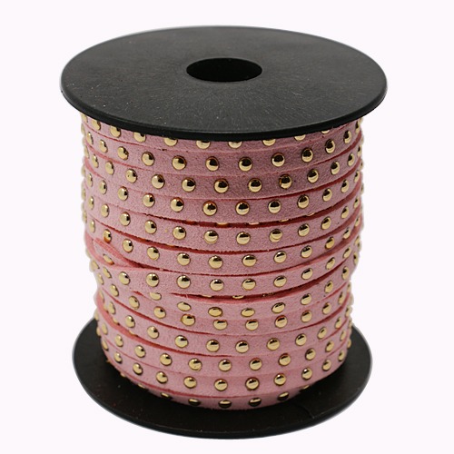 PandaHall Golden Aluminum Studded Korea Faux Suede Cord, Faux Suede Lace, Pink, 5x2mm; about 20yards/roll Suede Pink