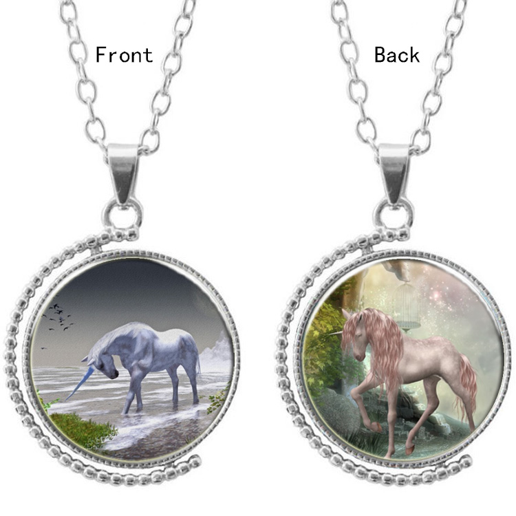 PandaHall Double-sided Picture Glass Rotatable Pendant Necklaces, with Alloy Chains, Flat Round with Unicorn, Silver, 18.5"(47cm) Glass...