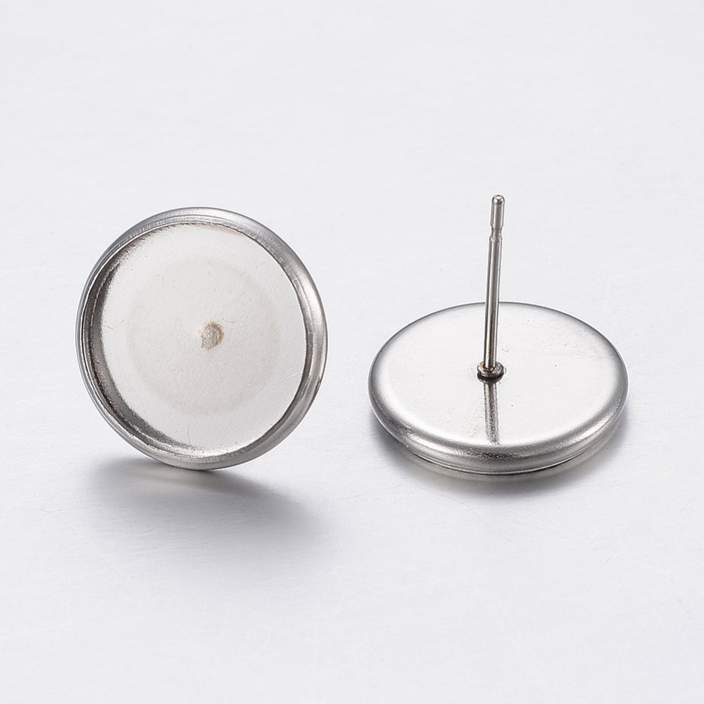 PandaHall 304 Stainless Steel Ear Stud Findings, Flat Round, Stainless Steel Color, Tray: 12mm; 14x2mm; Pin: 0.8mm Stainless Steel