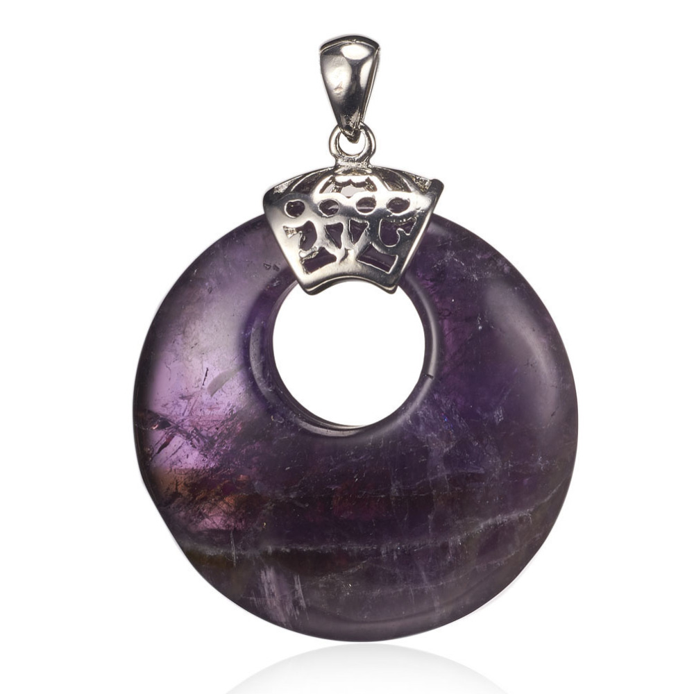 PandaHall Natural Amethyst Pendants, with Brass Findings, Flat Round, Platinum, 47x39.5~40.5x8mm, Hole: 4x6mm Amethyst Flat Round