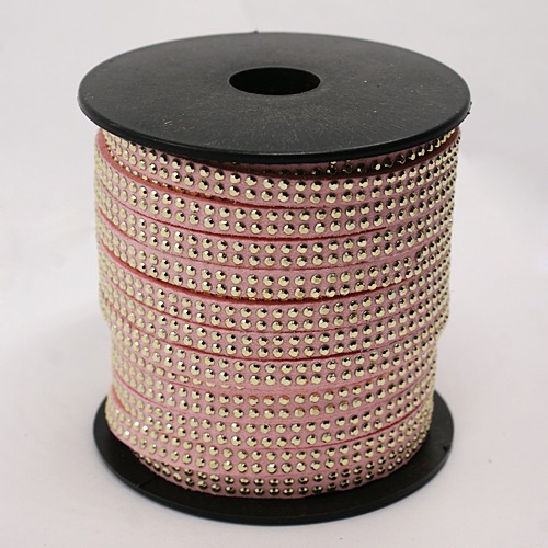 PandaHall 2 Row Golden Aluminum Studded Korea Faux Suede Cord, Faux Suede Lace, Pink, 5x2mm; about 20yards/roll Suede Pink