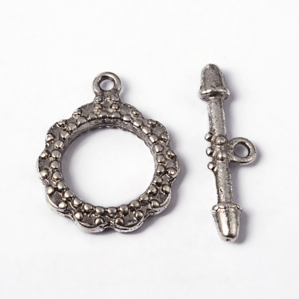 PandaHall Tibetan Style Toggle Clasps, Lead Free and Cadmium Free, Round, Antique Silver, Toggle: 20mm in diameter, 24mm long, Bar: 27.5mm...