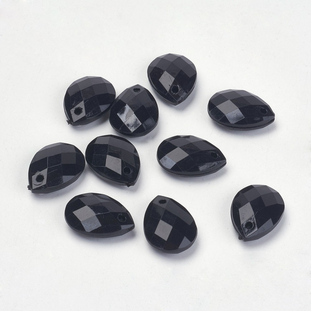 PandaHall Faceted Drop Acrylic Pendants, Jet, about 18mm long, 13mm wide, 6mm thick, hole: 2mm Acrylic Drop Black